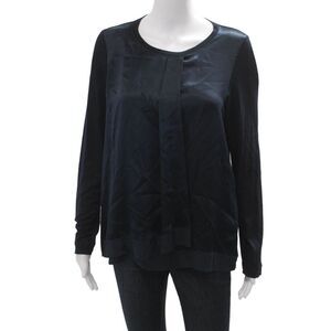 Whyci Milano Womens Designer Blouse Dark Blue Wool Blend Long Sleeve Size 44